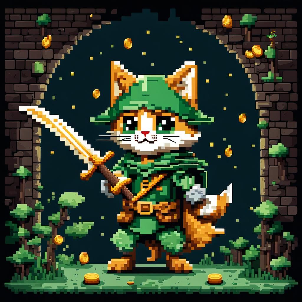Pixel Art Cat Robin Hood Dungeon Adventure