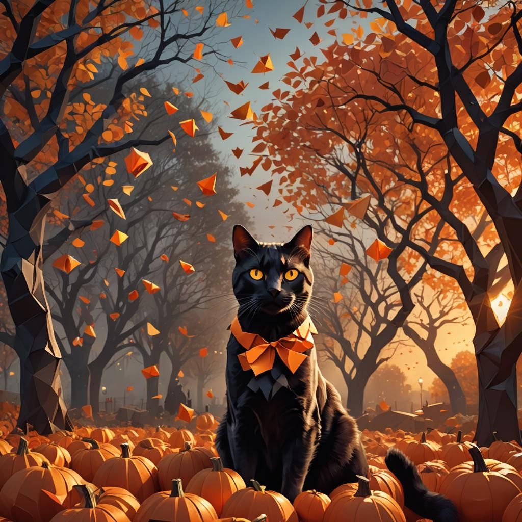 Origami Tree in Autumnal Scene, Hyper-Detailed Art