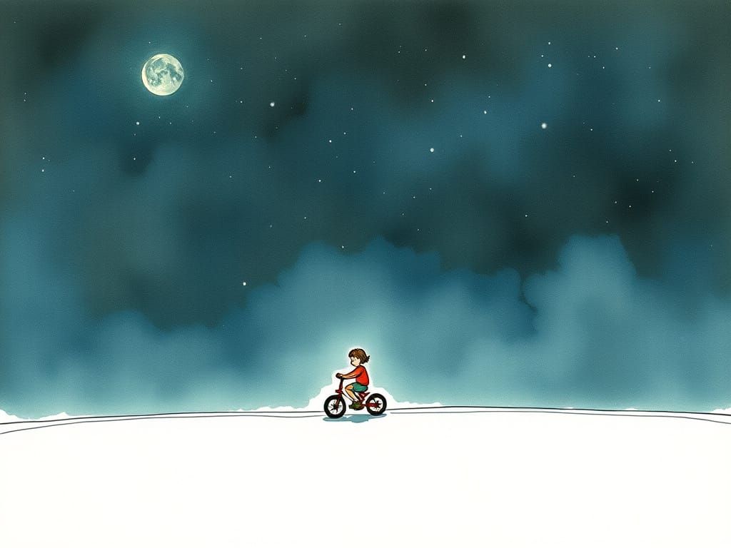 Child Rides Whimsical Dreamscape in Stylized Watercolor