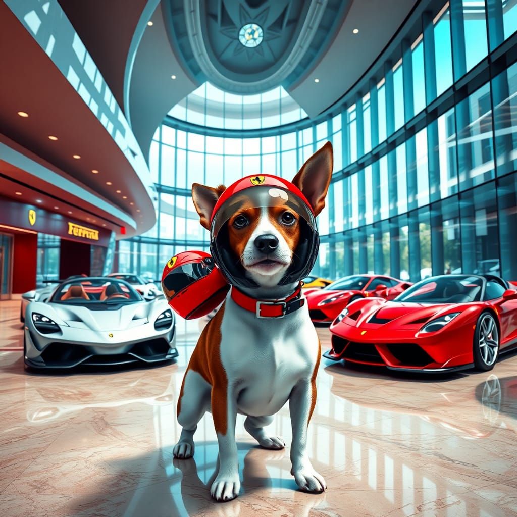 A jack russell terrier in the ferrari headquarters