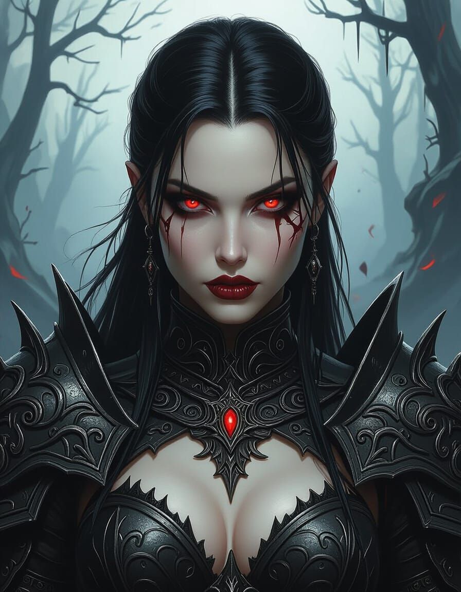 Fierce Gothic Female Warrior in Dark Landscape