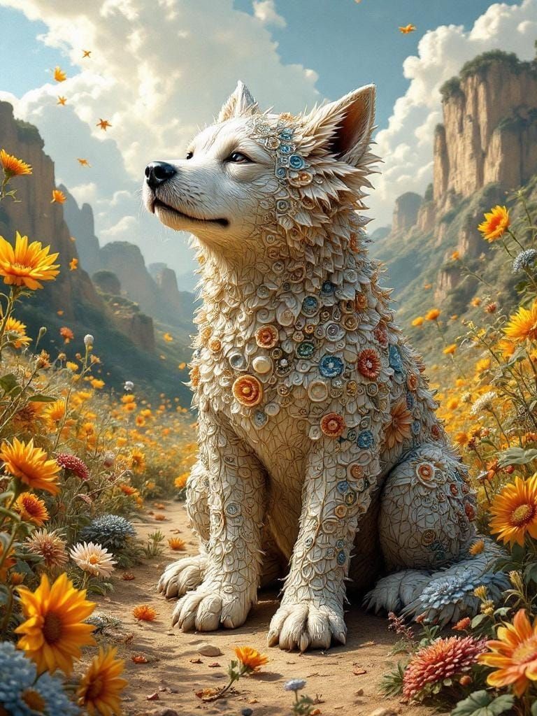 Embroidered Dog in Sunlight: A Surreal Fusion