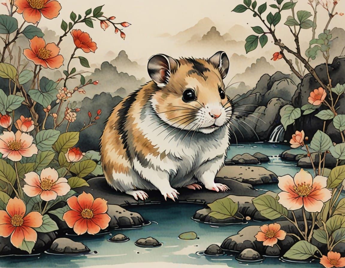 Cute Hamster in Traditional Japanese Art Zen Garden