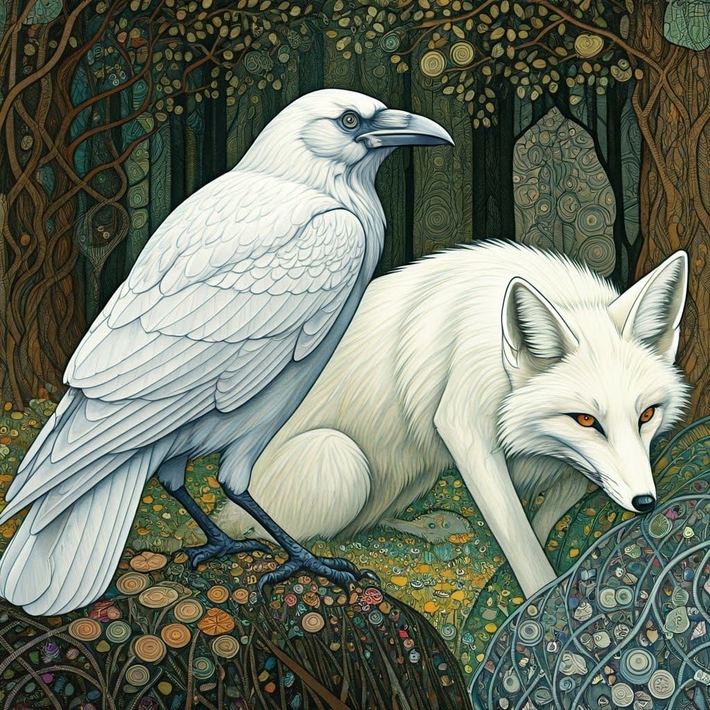 White Fox and Crow in Art Nouveau Style