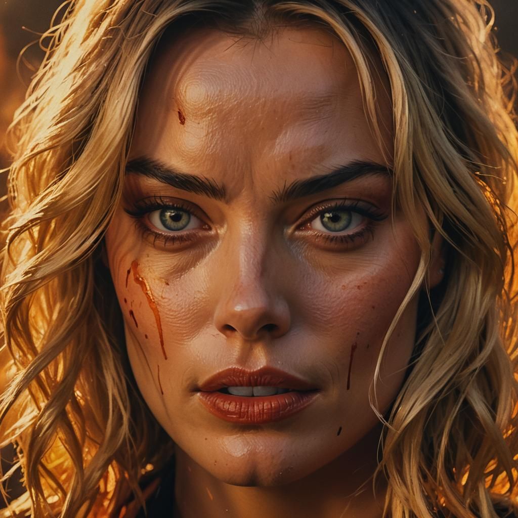 Margot Robbie Close-Up in Fiery Film Style