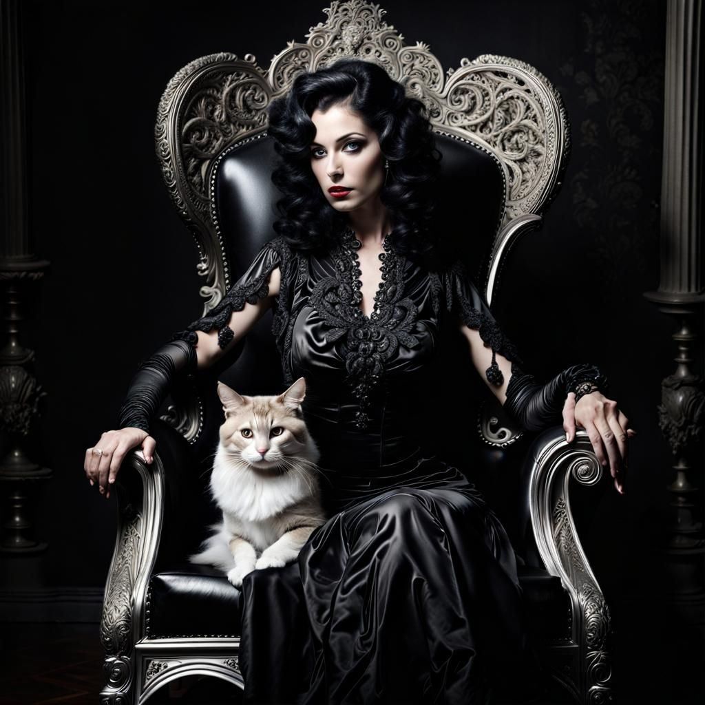 Gothic Woman and Maine Coon Cat in Silver Nitrate Photo