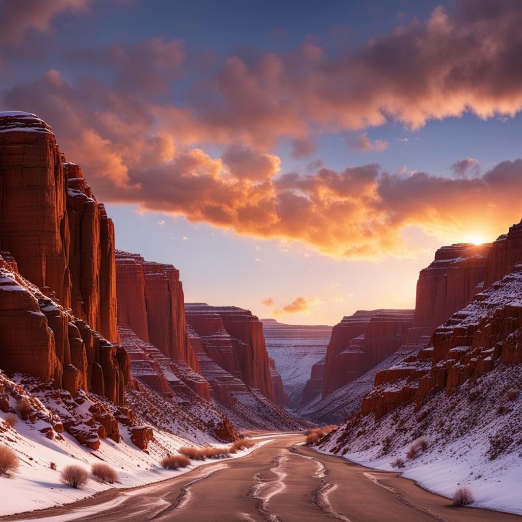 Snowy Desert Canyon at Sunset Landscape