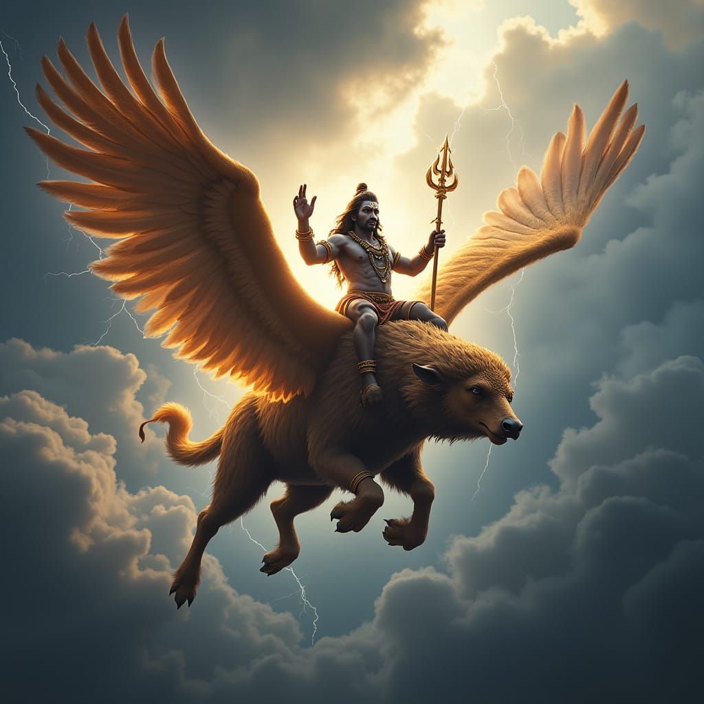 Divine Bull-Eagle Hybrid Radiates Golden Light in Turbulent ...