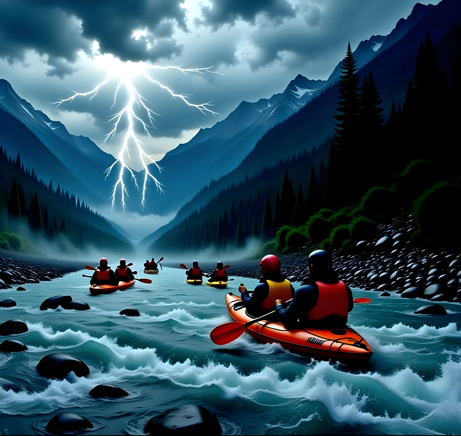 The kayaks sail through the wild rapids