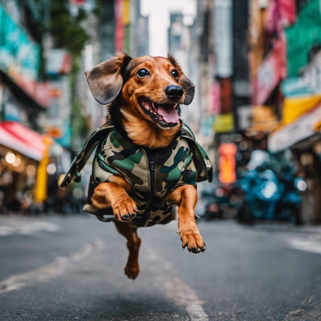 Euphoric Dachshund Jumps in Tokyo Cityscape