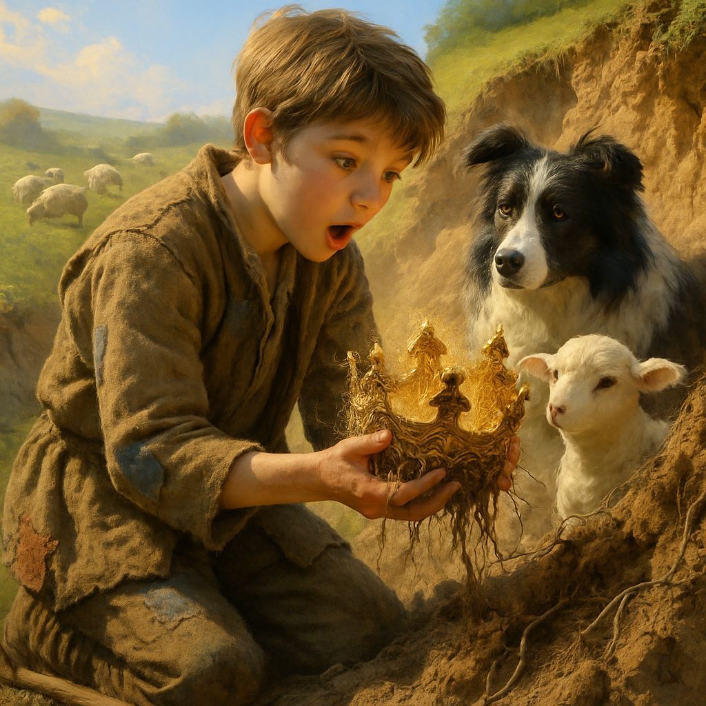 Shepherd Boy Discovers Hidden Crown in Sunlit Pasture
