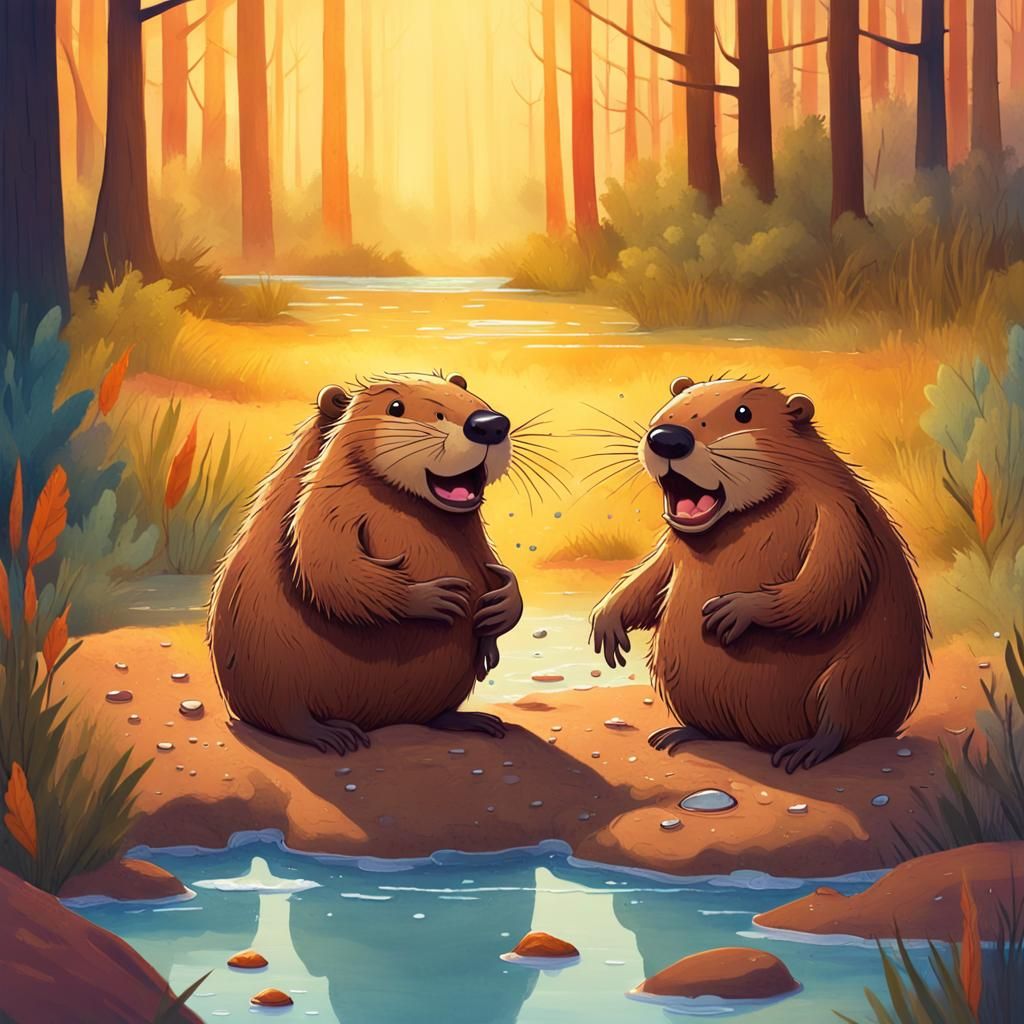 Whimsical Beavers with Clamshell in Cartoonish Style
