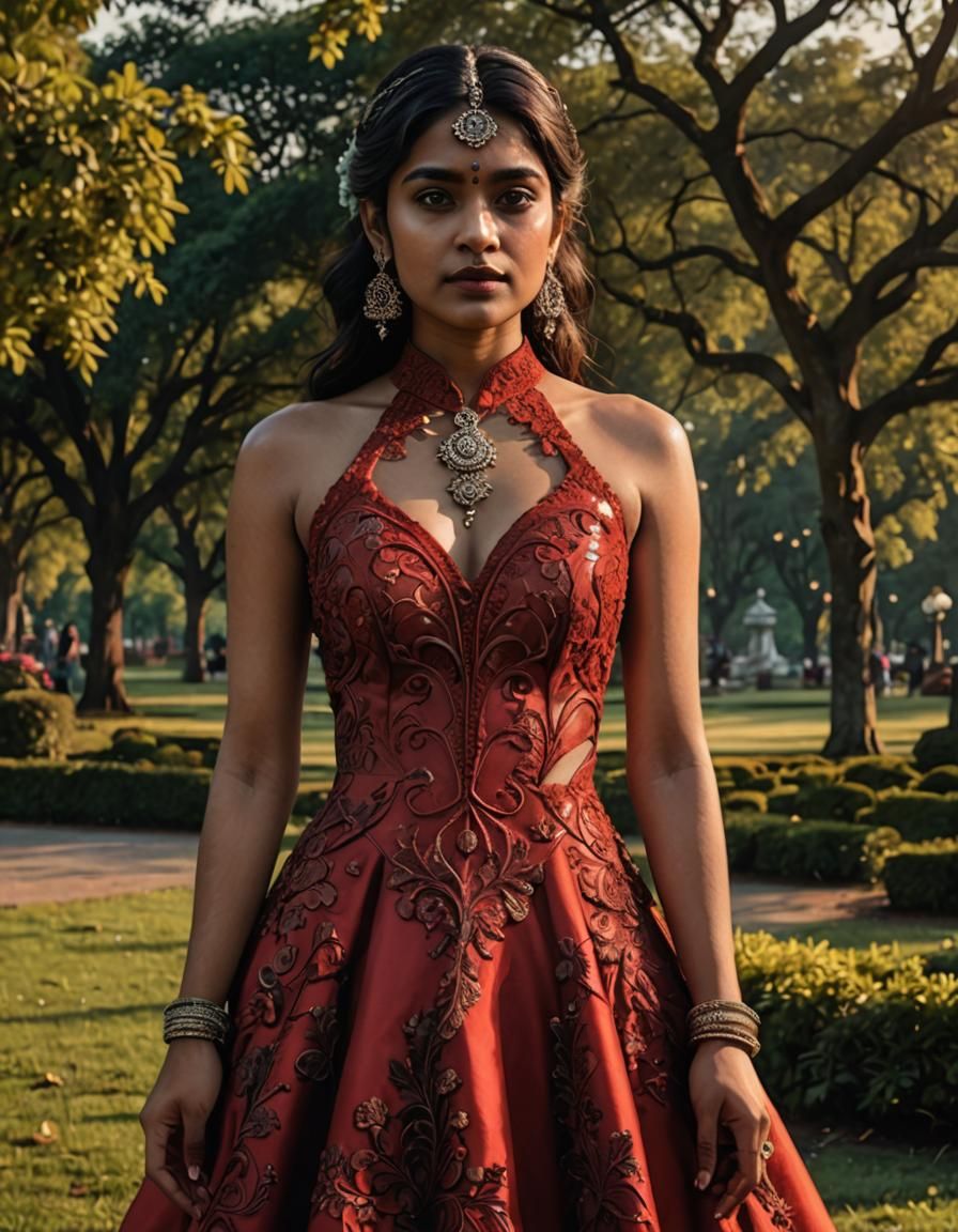Indian Woman in Red Gothic Dress at Dawn