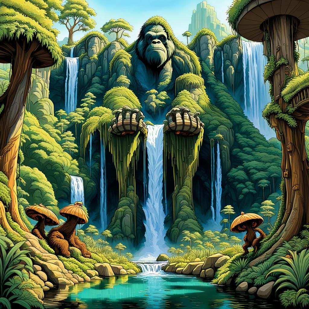 Bigfoots in Lush Forest, Art Nouveau Style