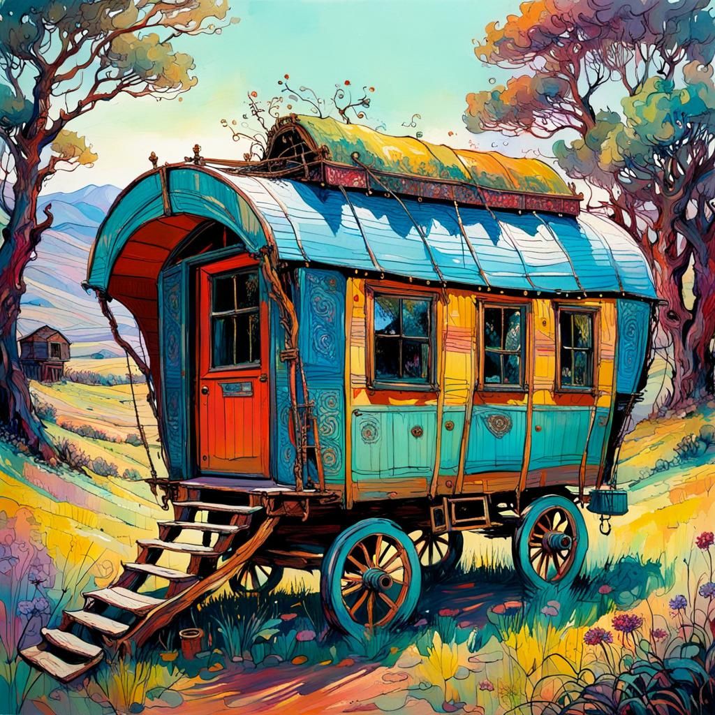 Colorful Gypsy Wagon in Detailed Landscape