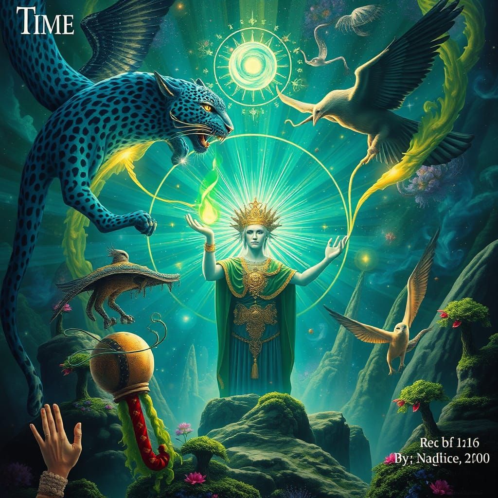 Celestial Shaman Offers Green Fire in Cosmic Scene