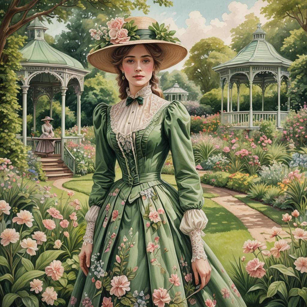 Victorian Woman in Garden: Expressionist Pencil Drawing