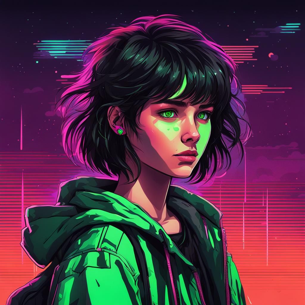 Teenage Girl with Scar in Synthwave Neon Style