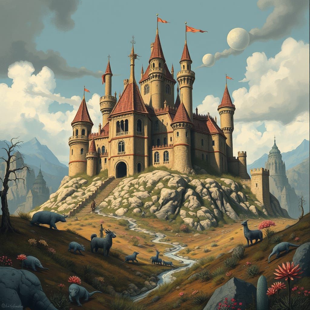 Surreal Castle in Ligabue Style Landscape