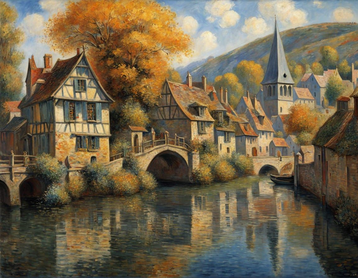 Vibrant Medieval Village Scene in Impressionist Style