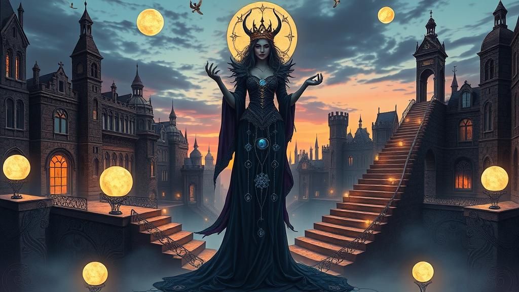 Mystical Sorceress in Dreamlike Cityscape at Twilight