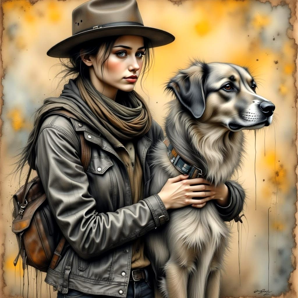 Traveling Musician and Dog in Pencil Sketch