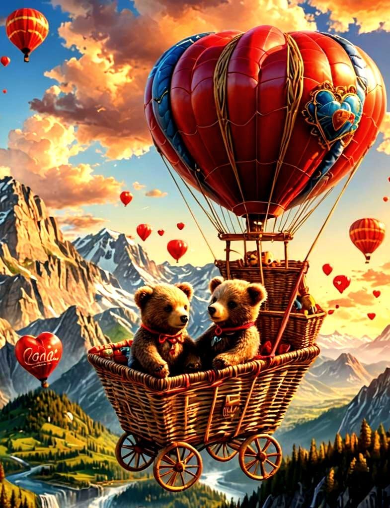 Cute Baby Bears in Heart Balloon, Hyperrealistic