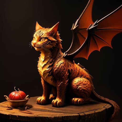 Glowing Dragon-Cat on Farm Table: Impasto Art