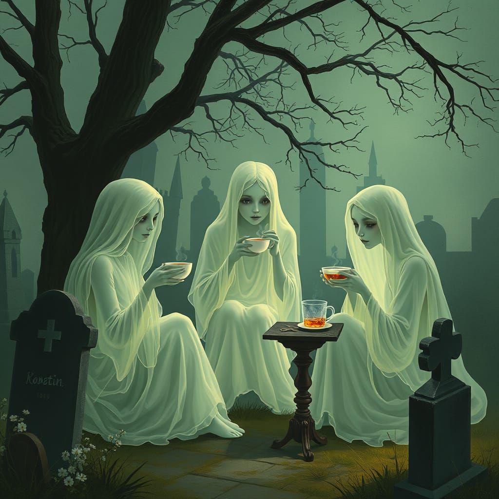 Ethereal Females Sipping Tea in Cemetery