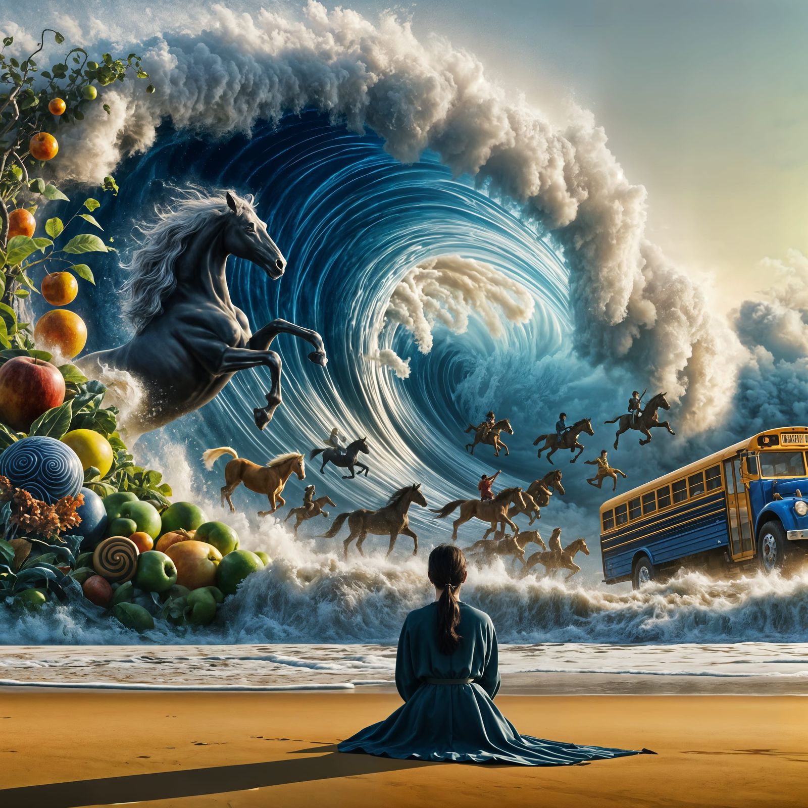 Surreal Beach Scene: Woman Faces Enigmatic Tidal Wave