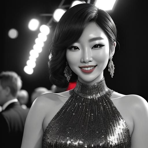 young, gorgeous, glamorous Korean woman in red sequined dress smiling a dazzling smile for photographers at Academy Awar...