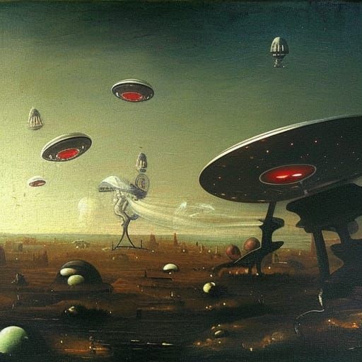 Renaissance Oil Painting of Alien Invasion