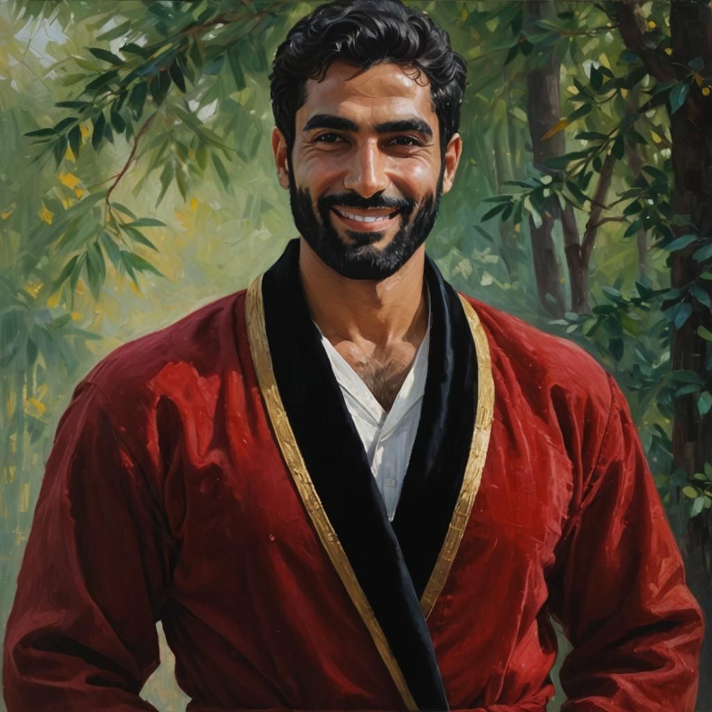 Happy Man in Red Velvet Bathrobe, Impasto Oil Painting