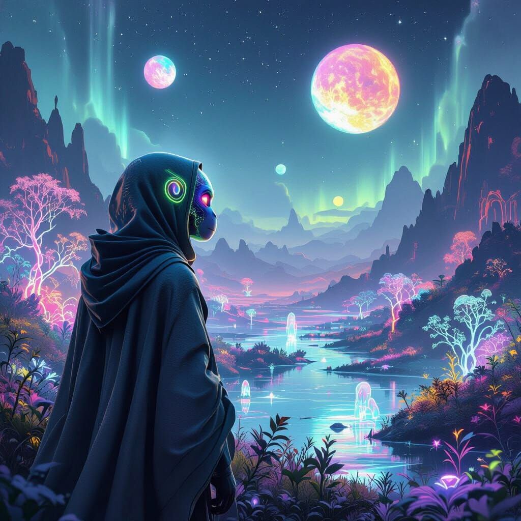 Alien Primate in Neon Landscape, Futuristic Style