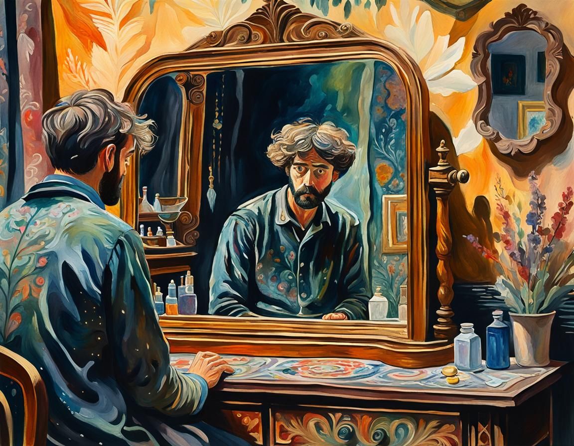 Bohemian Man's Magic Reflection in Gouache Watercolor