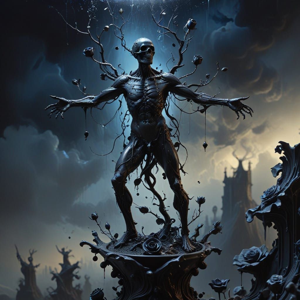 Black Roses Grow From Hands in Surreal Oil Painting