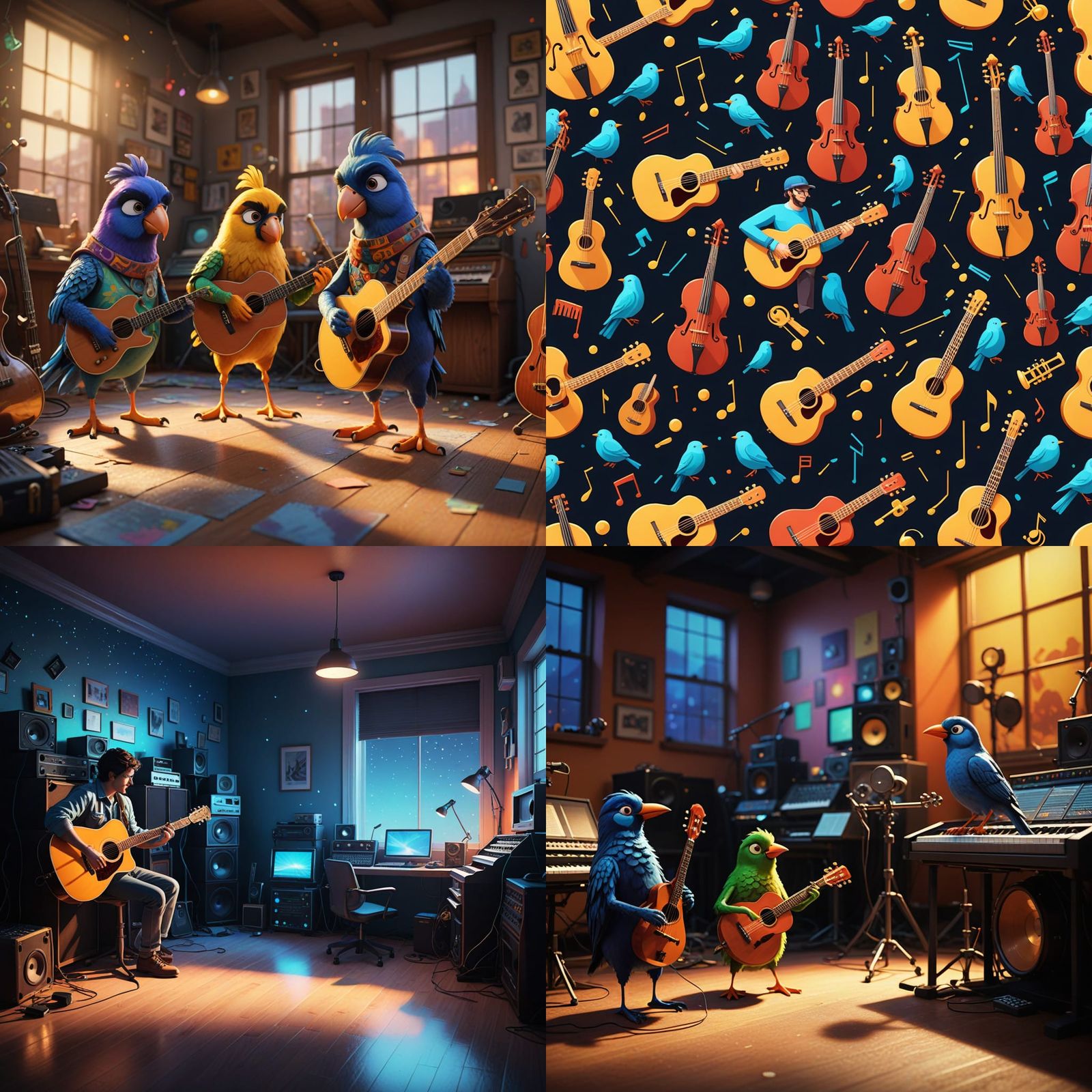 Vibrant Birds Play Soul Music in a Fictive Anime Studio