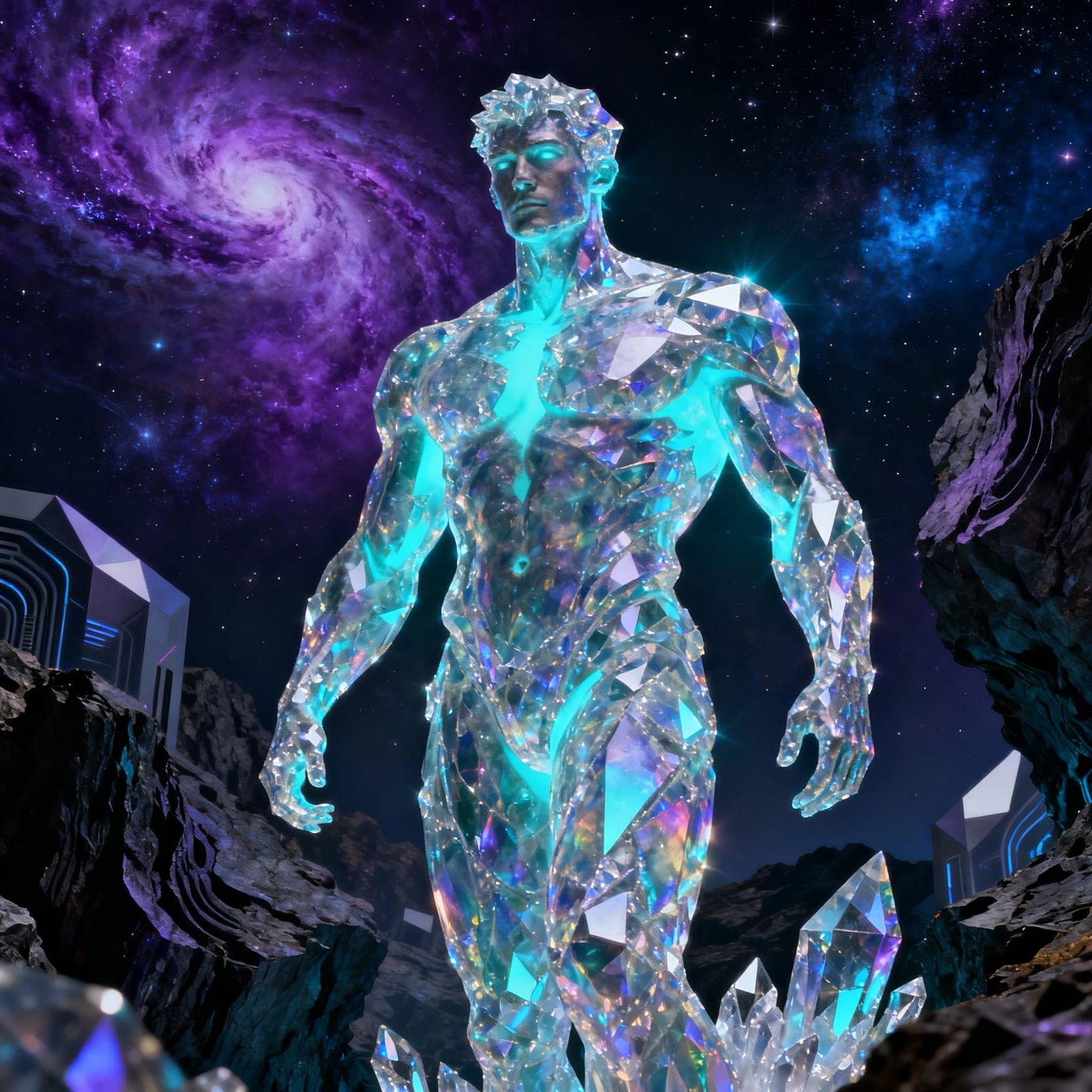 Crystal Figure with Cyan Glow in Cosmic Nebula