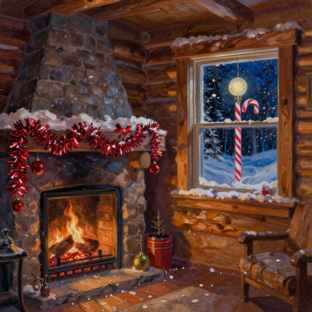 Cozy Log Cabin Interior with Winter Night View