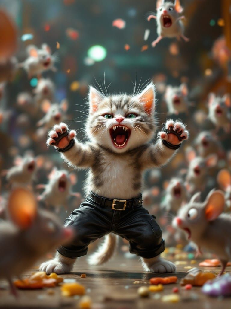 Vibrant Kitten vs Rodent Army in Epic Battle