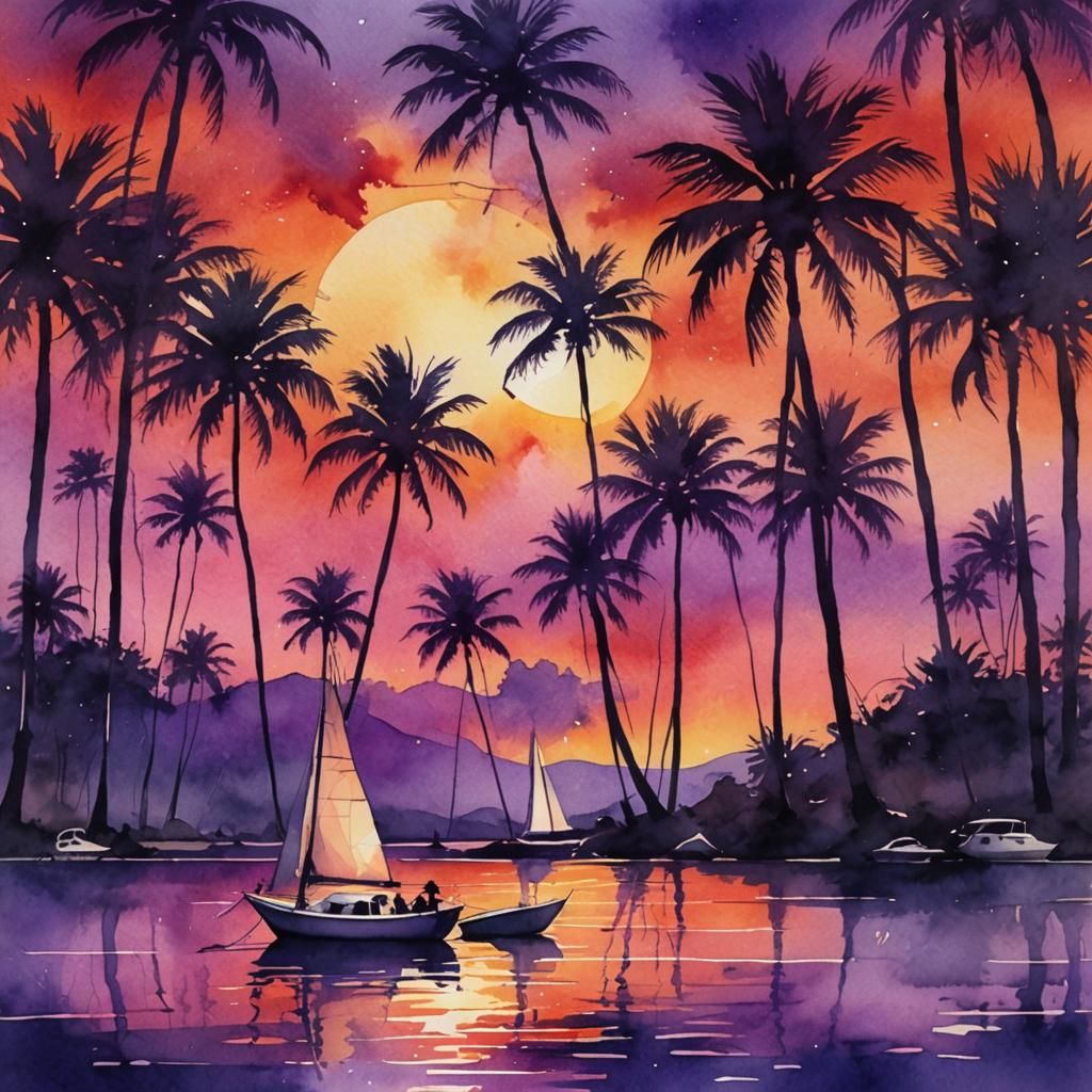 Brilliant Sunset Scene with Sailboat in Watercolor Style