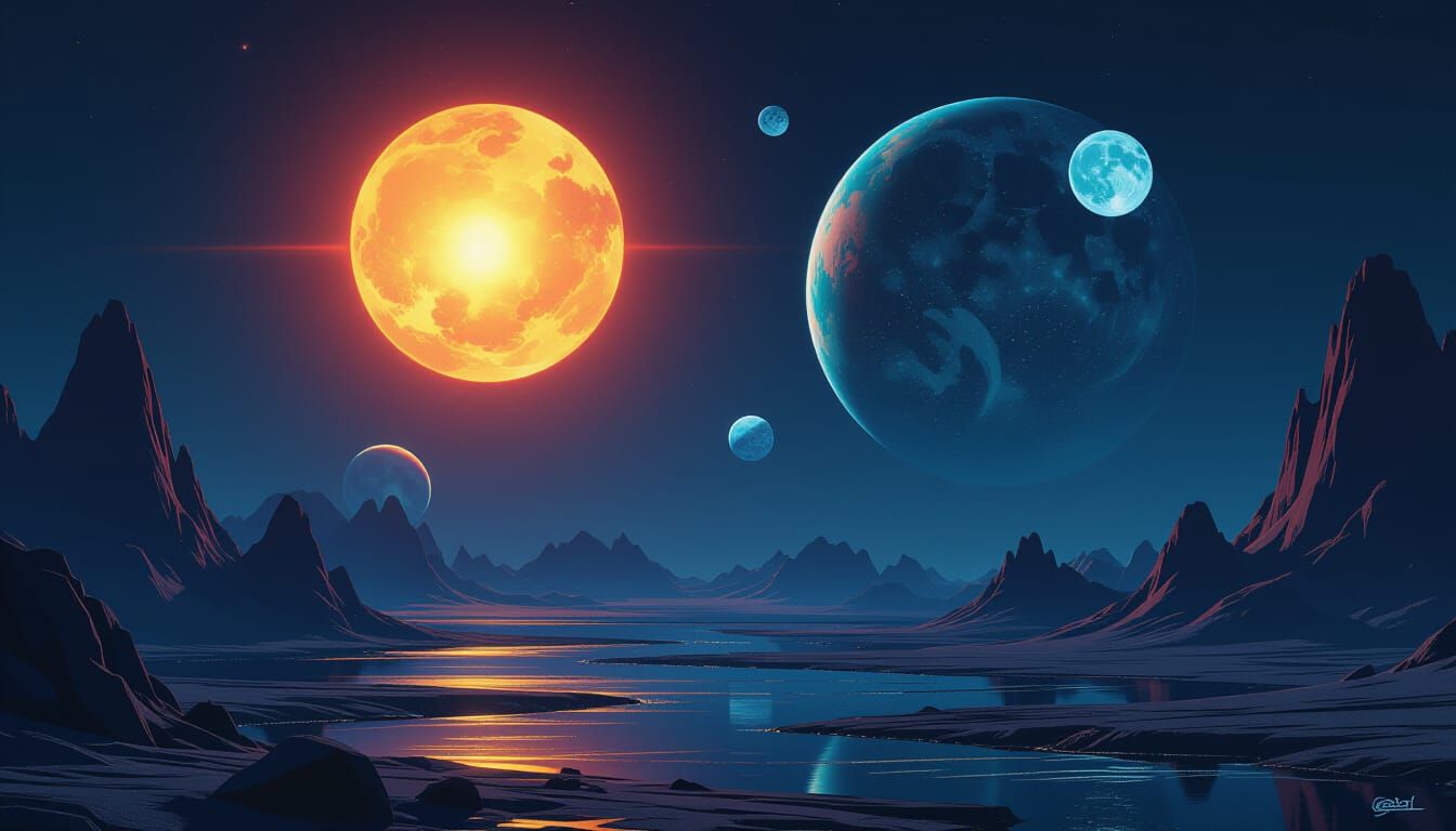 Sci-Fi Planet with Glowing Moons in Space