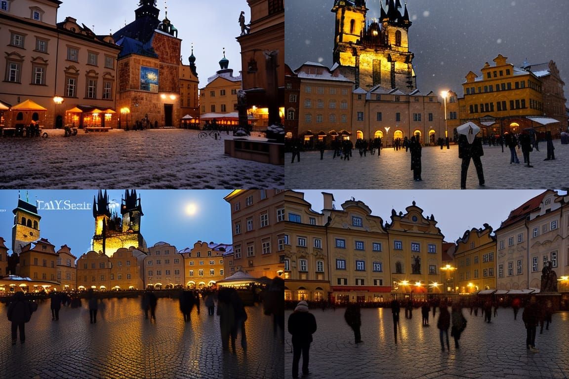 Snowy Evening in Prague City Square