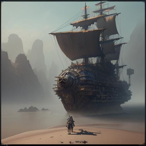 Dieselpunk Air Pirate Gazing at Landscape in Matte Painting