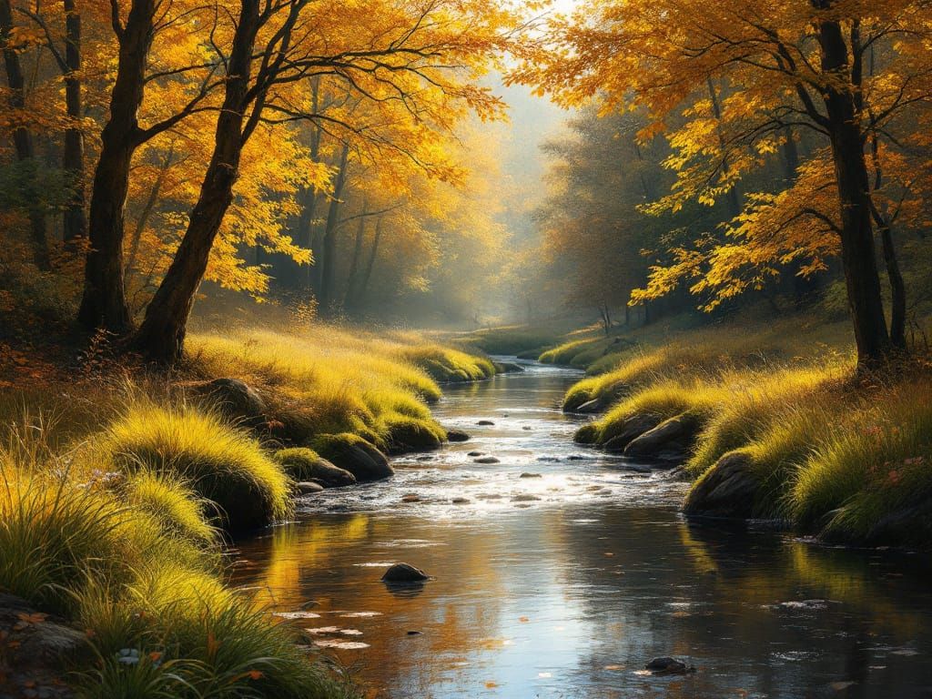 Hyperrealistic Autumn Forest Brook in Oil Painting Style