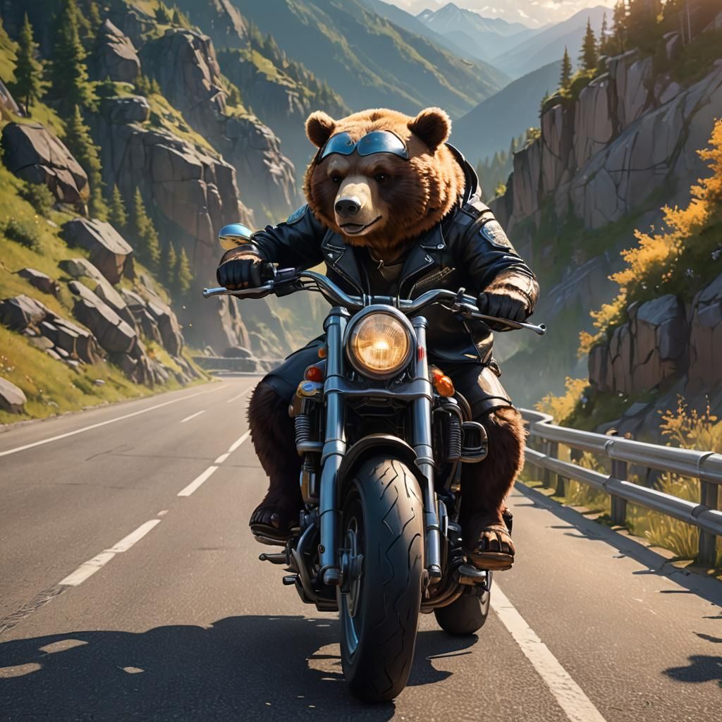 Bear on Motorcycle in Hyper-Realistic 3D Anime Art