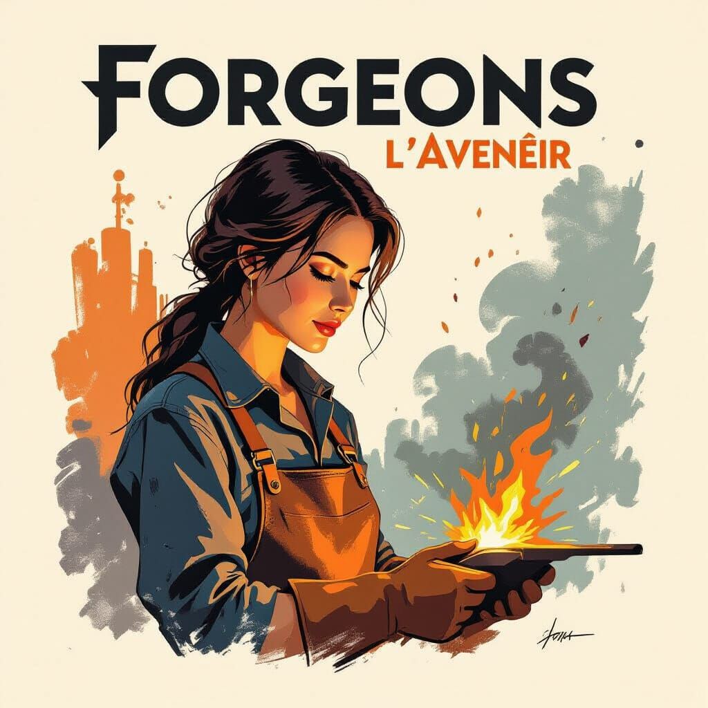 Woman Blacksmith Framed by Forge Sparks: Digital Portrait