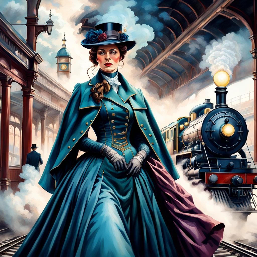 Victorian Train Station With Woman and Steam Locomotive