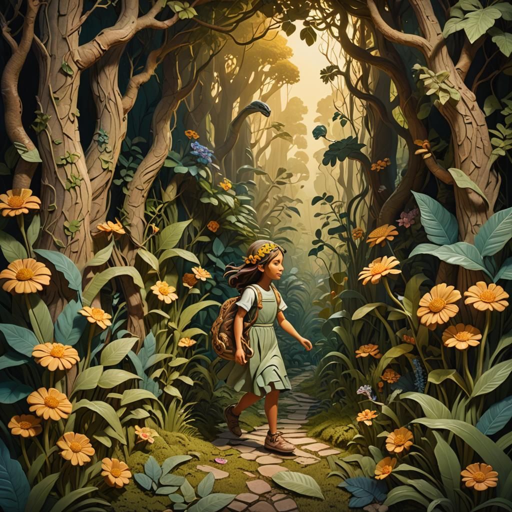 Girl in Forest Bas-Relief: Hyperrealistic Digital Art
