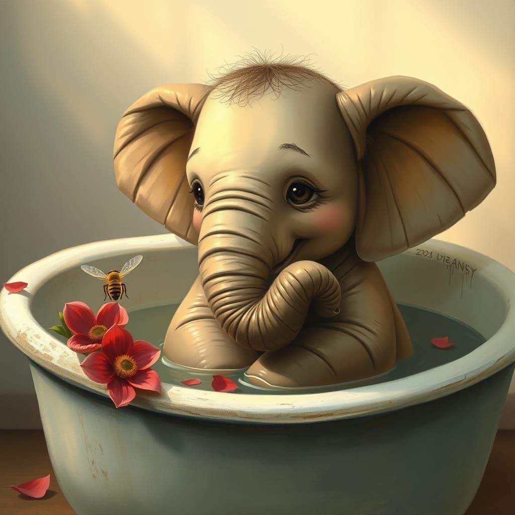 Elephant in Vintage Tub with Honey Bee and Red Flower